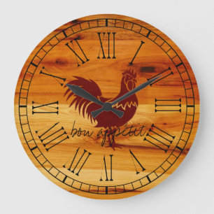 Elegant Bon appetit Rooster on Honey Coloured Wood Large Clock
