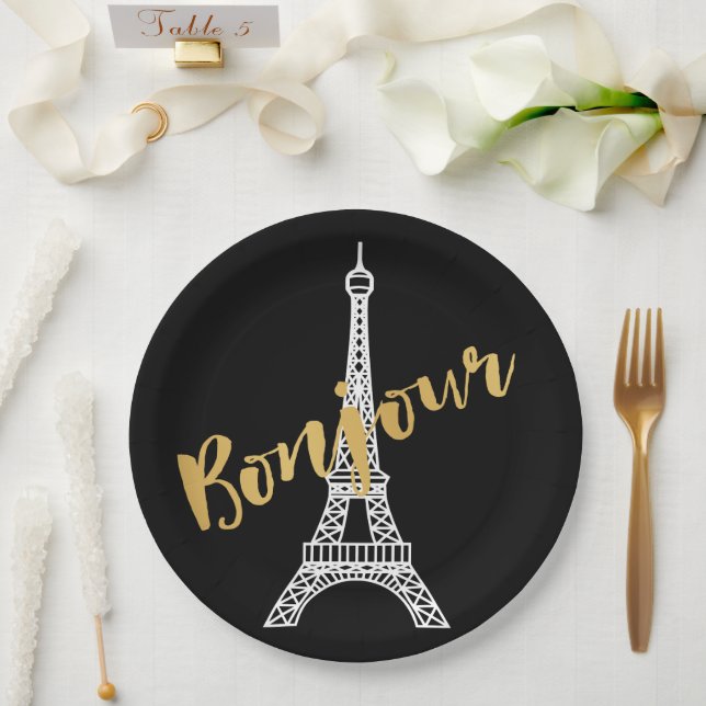 Elegant Bonjour Eiffel Tower Paper Plate (Wedding)