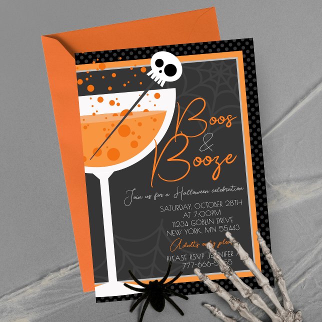 Elegant Boos and Booze Halloween Adult Party  Invitation (Elegant Boos & Booze Adult Halloween Party Invitations. Halloween cocktail in orange, black & grey.)