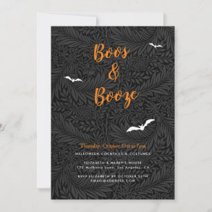 Elegant Boos & Booze Black Floral Orange Halloween Invitation