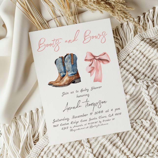 Elegant Boots and Bows Pink Girl Baby Shower Invitation (Creator Uploaded)