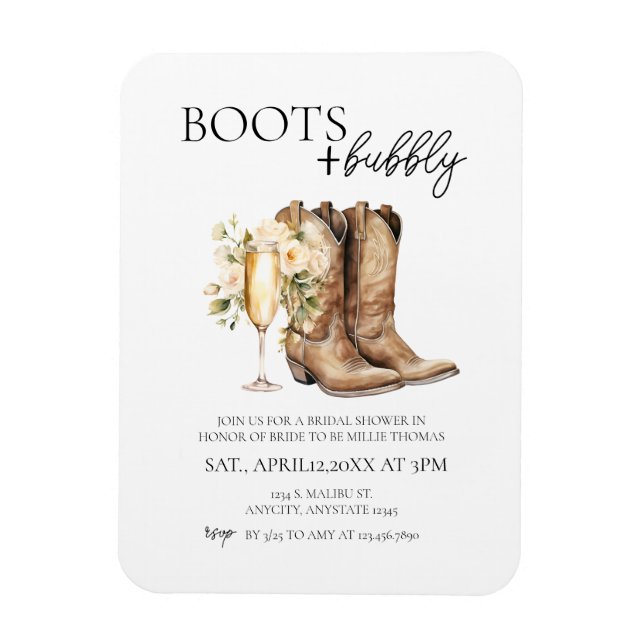 Elegant Boots and Bubbly Bridal Shower Invitation Magnet (Vertical)