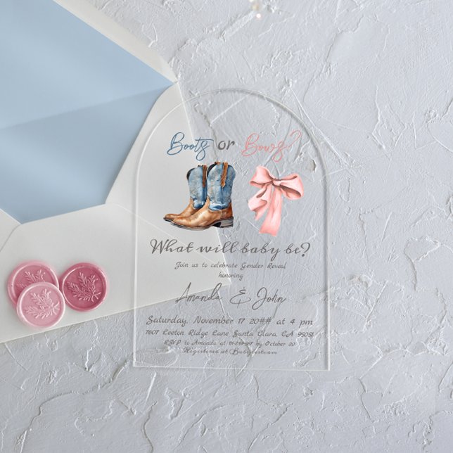 Elegant Boots or Bows Blue Pink Gender Reveal Acrylic Invitations (Creator Uploaded)