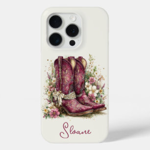 Elegant Boots with Flowers Monogrammed iPhone 15 Pro Case
