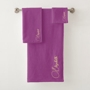 Elegant Bordeaux Template Gold Handwritten Name Bath Towel Set