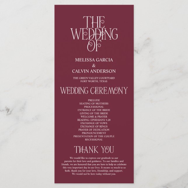 Elegant Bordeaux Wine Typography Wedding Program Programme (Front)