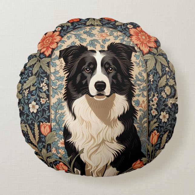 Elegant Border Collie William Morris Inspired Round Cushion (Front)