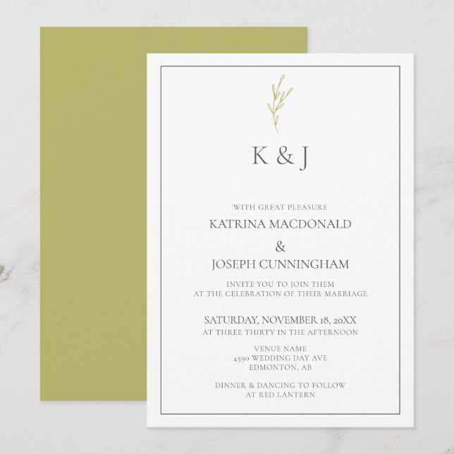 Elegant Border Monogram sage green Leaf Minimalist Invitation (Front/Back)
