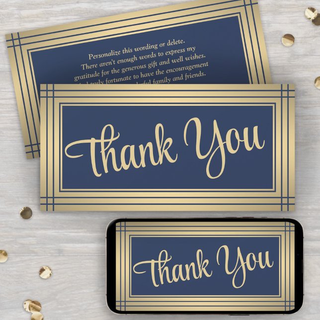 Elegant Border Navy and Gold Script Thank You Card (Creator Uploaded)