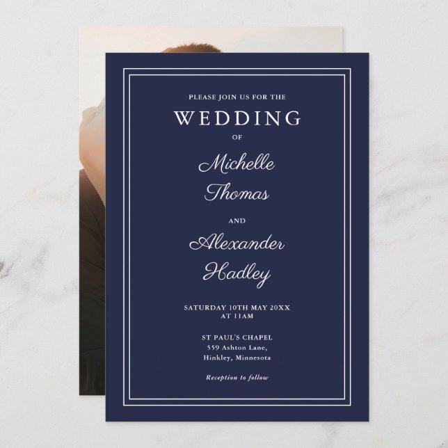 Elegant Border Navy Blue Photo Wedding Invitation (Front/Back)