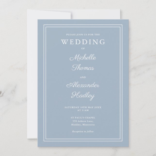 Elegant Border QR Code Dusty Blue Wedding Invitation (Front)