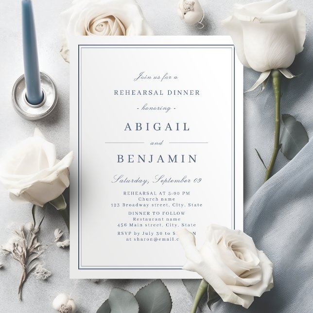 Elegant borders blue minimalist rehearsal dinner invitation (Elegant borders blue minimalist rehearsal dinner invitation)