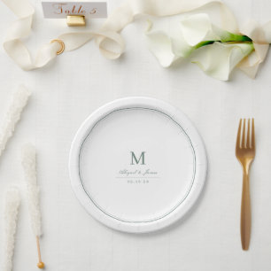 Elegant borders sage green minimalist monogram paper plate