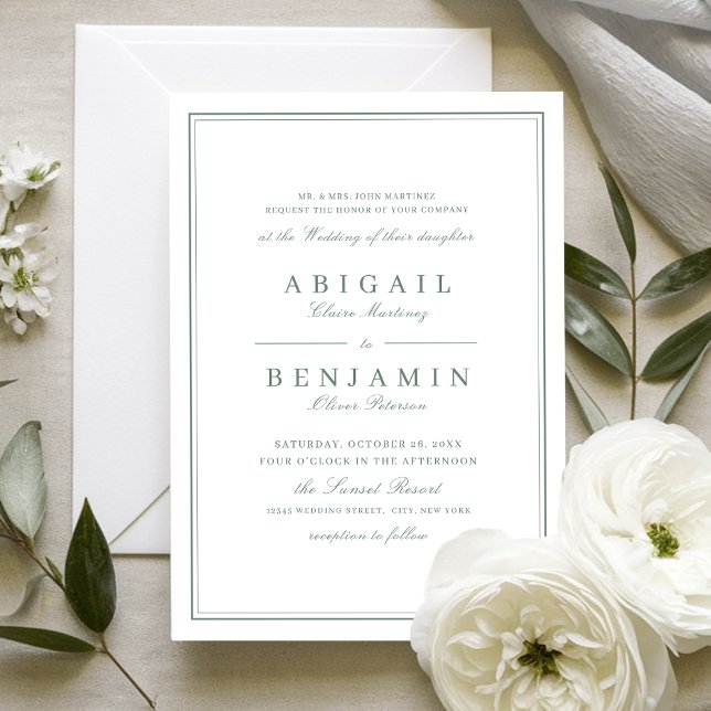 Elegant borders sage green minimalist wedding invitation (Elegant borders sage green minimalist wedding invitation)