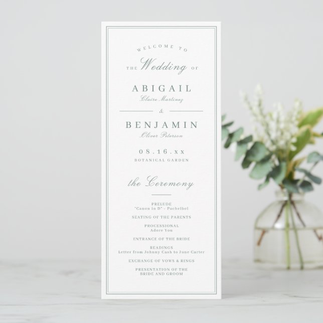 Elegant borders sage minimalist wedding program programme (Standing Front)