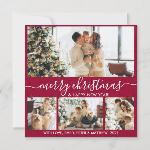 Elegant Bordo and White 4 Photo Collage Christmas Holiday Card