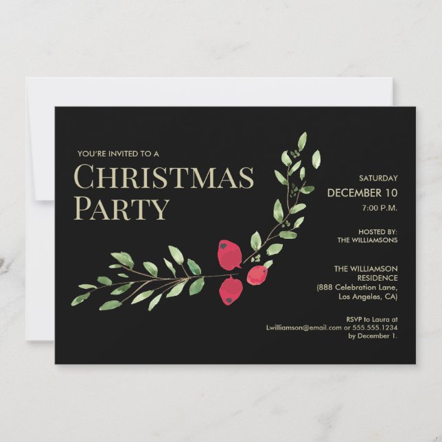 Elegant Boss Christmas Party Black Holly Red Invitation (Front)