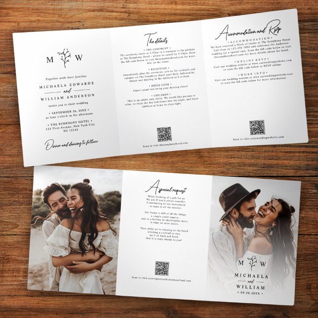 Elegant Botanical All-In-One QR Code Wedding Tri-Fold Invitation (Creator Uploaded)