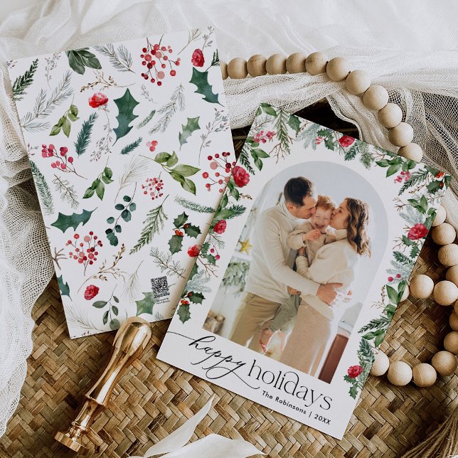 Elegant Botanical Arch Happy Holidays 1 Photo Holiday Card (Creator Uploaded)