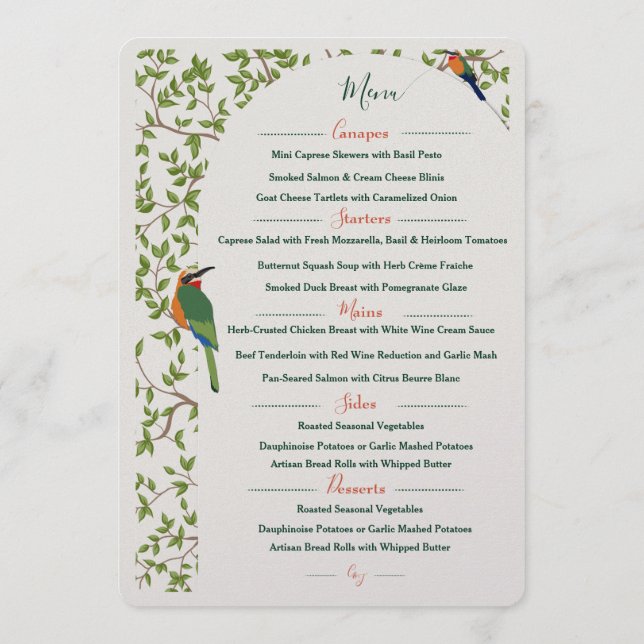 Elegant Botanical Bird Menu Template – Wedding (Back)
