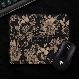 Elegant Botanical Black and Rose Gold Floral Mouse Pad