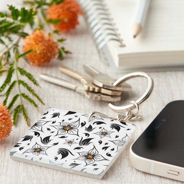 Elegant Botanical Black and White Floral Pattern Key Ring (Creator Uploaded)