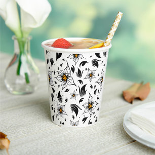 Elegant Botanical Black and White Floral Pattern Paper Cups