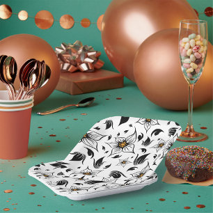 Elegant Botanical Black and White Floral Pattern Paper Plate