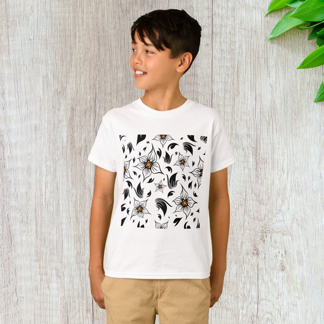 Elegant Botanical Black and White Floral Pattern T-Shirt (Creator Uploaded)