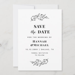 Elegant Botanical Black & White Drawn Greenery Save The Date