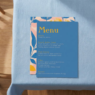 Elegant Botanical blue and yellow leafy wedding Menu