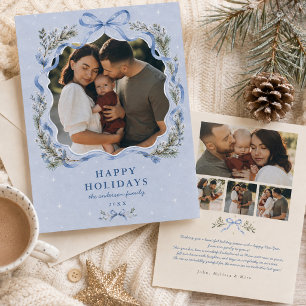 Elegant Botanical Blue Bow Ribbon Family Photo Holiday Card