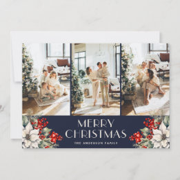 Elegant Botanical Blue Photo Collage Christmas Holiday Card