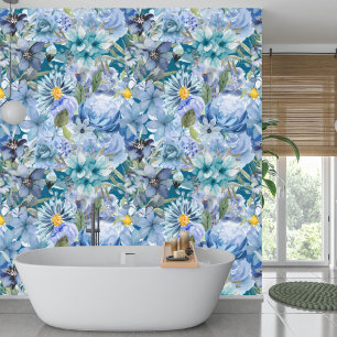 Elegant Botanical Blue Wildflower Pattern Wallpaper