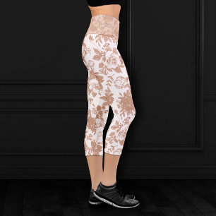 Elegant Botanical   Blush Pink Rose Gold Floral Capri Leggings