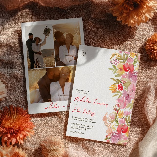 Elegant botanical boho wildflowers 3 photo wedding invitation (Elegant botanical boho wildflowers 3 photo wedding invitation)