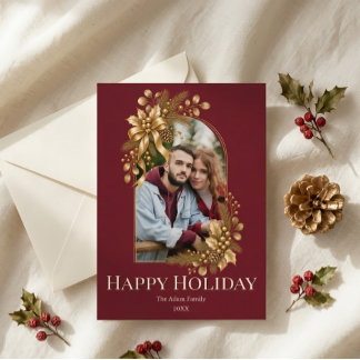Elegant Botanical Burgundy Gold Holiday 2 Photo Invitation