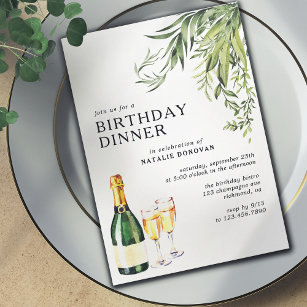 Elegant Botanical Champagne Adult Birthday Dinner Invitation