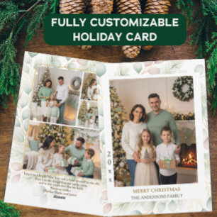 Elegant Botanical Christmas Family Photo Collage H Holiday Card