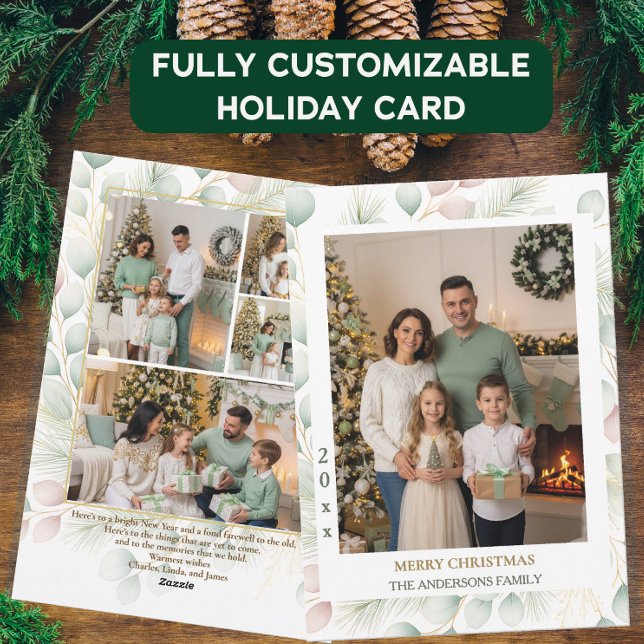 Elegant Botanical Christmas Family Photo Collage H Holiday Card (Creator Uploaded)