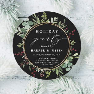 Elegant Botanical Christmas Party Black Circle Invitation