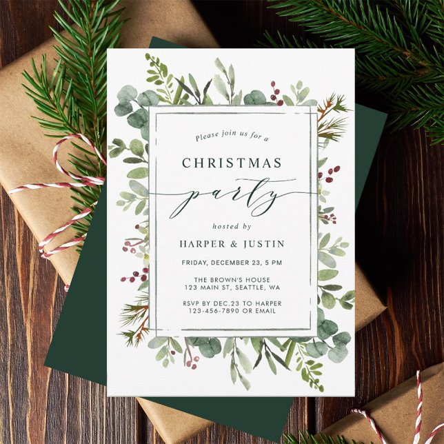Elegant Botanical Christmas Party Green Flat Invitation (Creator Uploaded)