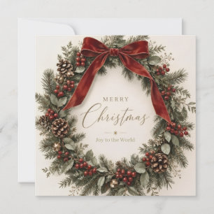 Elegant Botanical Christmas, Wreath & Burgundy Bow Invitation