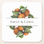 Elegant Botanical Citrus Greenery Square Paper Coaster<br><div class="desc">Pretty,  elegant,  modern and bohemian personalised and custom wedding square paper coaster for your special occasion! The design matches with the rest of the Orange Leaf Foliage Collection. Watercolor orange fruit with dark and light green leaves leaf foliage side border frames the top and bottom of your names.</div>