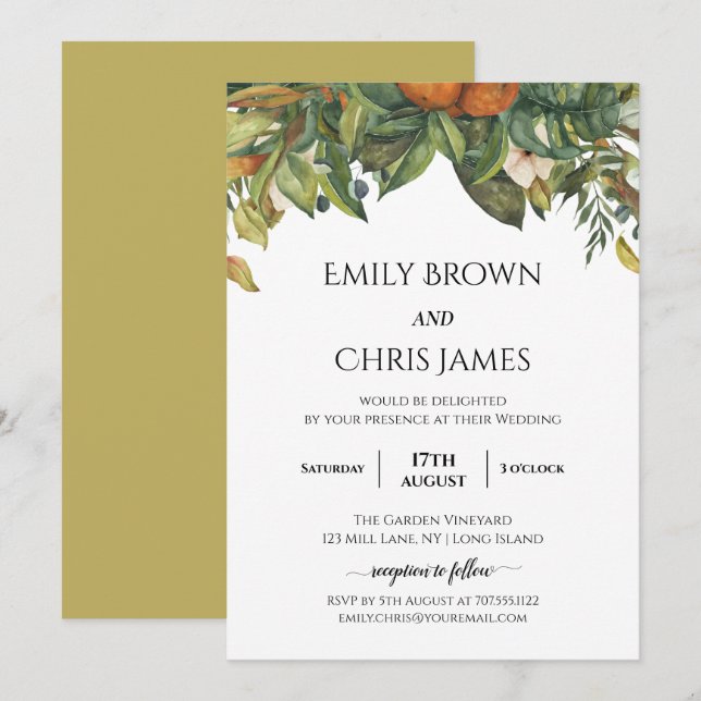 Elegant Botanical Citrus Greenery Wedding Invitation (Front/Back)