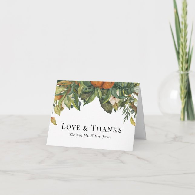 Elegant Botanical Citrus Greenery Wedding Thank You Card (Front)