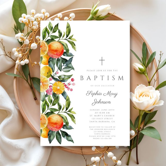 Elegant Botanical Citrus Religious Girl Baptism Invitation (Elegant Botanical Citrus Religious Girl Baptism Invitation)