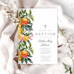 Elegant Botanical Citrus Religious Girl Baptism Invitation