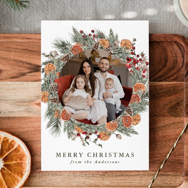 Elegant Botanical Citrus Wreath Photo Holiday Card (Creator Uploaded)