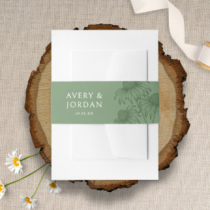Elegant Botanical Coneflower Sage Green Wedding Invitation Belly Band